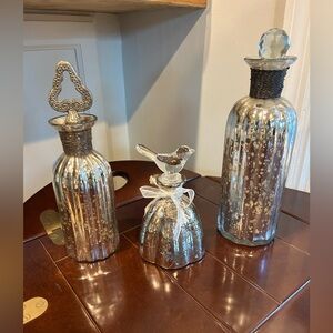 Set of 3 mercury glass decorative bottles with different stoppers silver